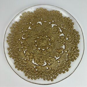 Turkish Glass Entrée 8” Plate Hand Painted Gold Lace MCM Glass Trinket Dish